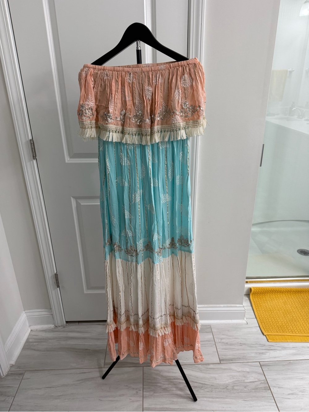 Boho Zury Off Shoulder Maxi Dress Free Size Peach Aqua Cream Beaded Tassel